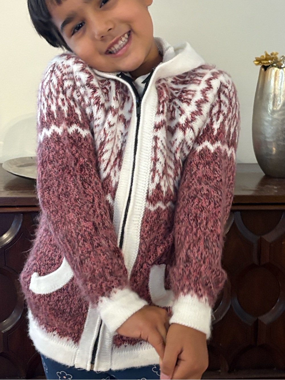 Cosy lama wool Zip Hoodie Sweater in Dusty Rose and White